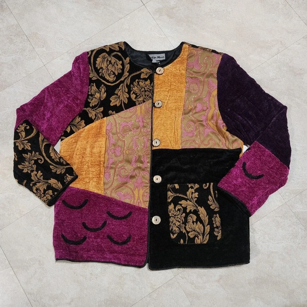 VTG Indigo Moon Womens L Large Tapestry Colorful Artwear Button Up‎ Jacket